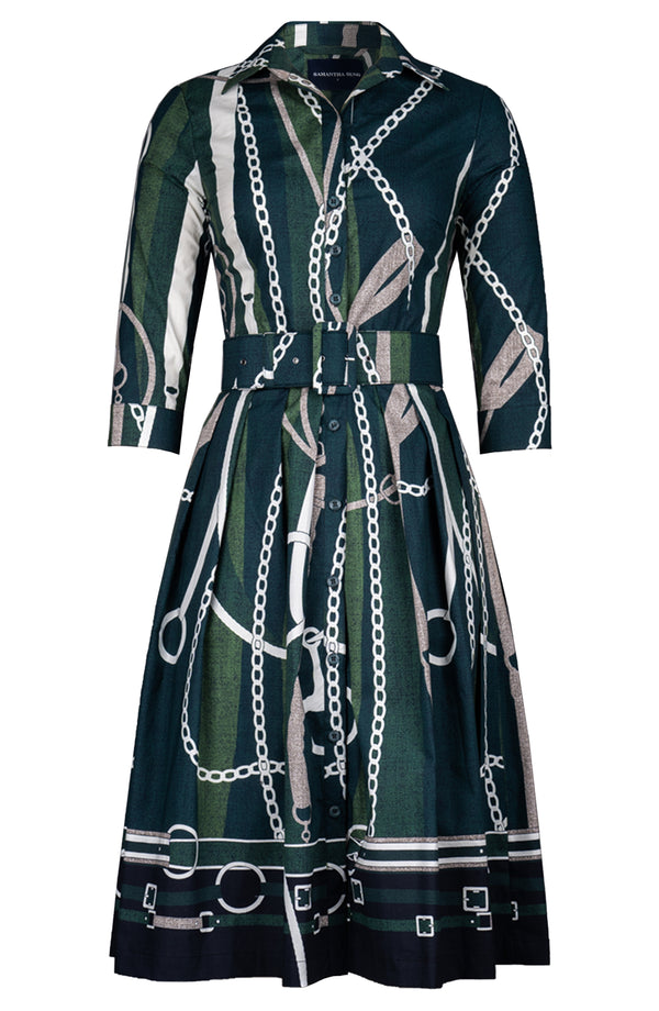Audrey Dress #1 Shirt Collar 3/4 Sleeve Long Length Cotton Stretch (Equestrian Flow Bright)