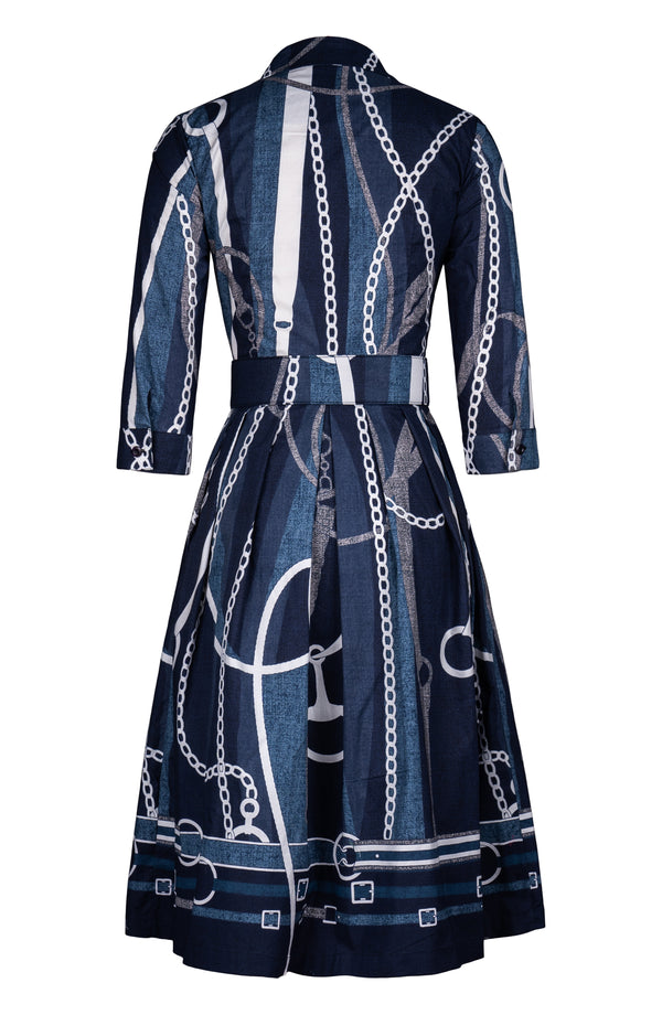 Audrey Dress #1 Shirt Collar 3/4 Sleeve Long Length Cotton Stretch (Equestrian Flow Bright)
