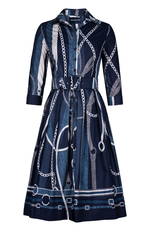 Audrey Dress #1 Shirt Collar 3/4 Sleeve Long Length Cotton Stretch (Equestrian Flow Bright)