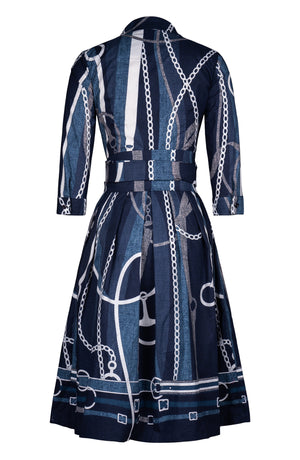 Audrey Dress #1 Shirt Collar 3/4 Sleeve Long Length Cotton Stretch (Equestrian Flow Bright)