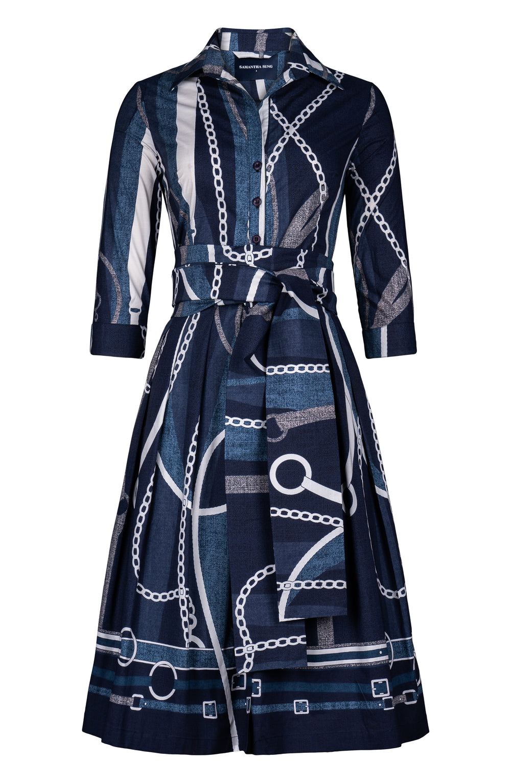 Audrey Dress #1 Shirt Collar 3/4 Sleeve Long Length Cotton Stretch (Equestrian Flow Bright)