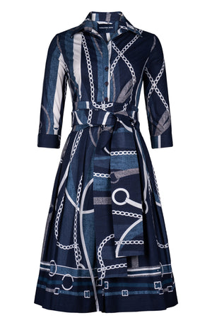 Audrey Dress #1 Shirt Collar 3/4 Sleeve Long Length Cotton Stretch (Equestrian Flow Bright)