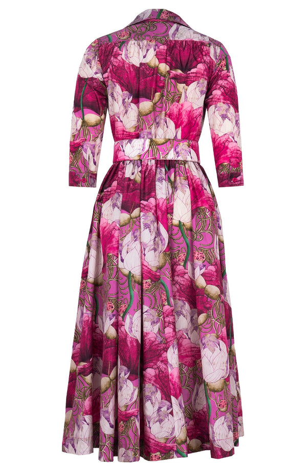 Terry Dress Shirt Collar 3/4 Sleeve Midi Plus Length Poliamide Taffta (Ethereal Botanic)