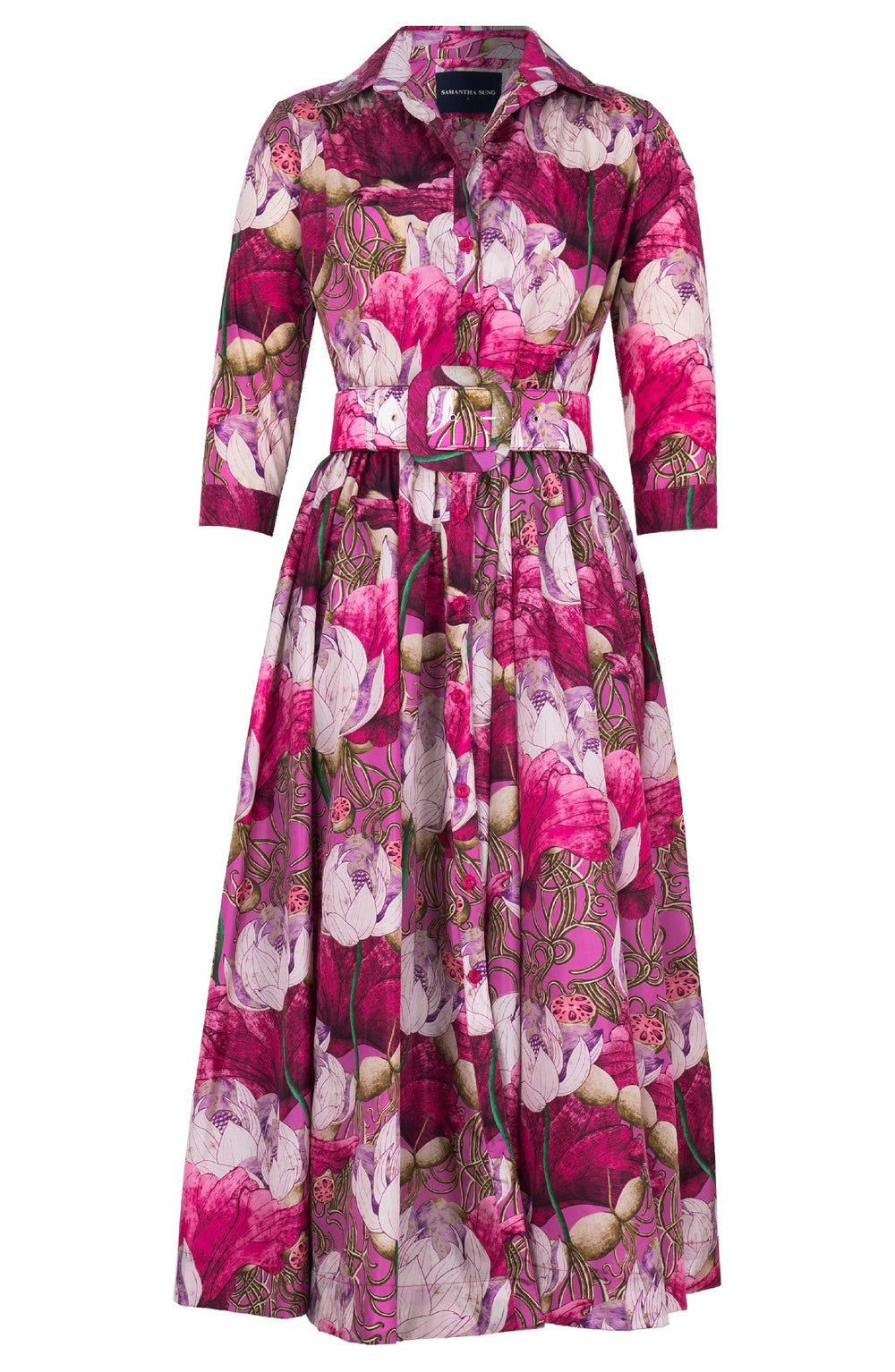 Terry Dress Shirt Collar 3/4 Sleeve Midi Plus Length Poliamide Taffta (Ethereal Botanic)