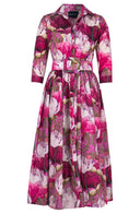Terry Dress Shirt Collar 3/4 Sleeve Midi Plus Length Poliamide Taffta (Ethereal Botanic)