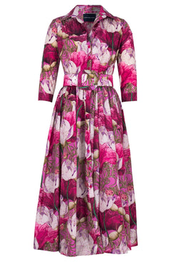 Terry Dress Shirt Collar 3/4 Sleeve Midi Plus Length Poliamide Taffta (Ethereal Botanic)