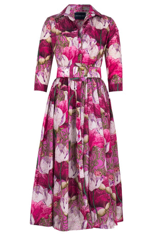 Terry Dress Shirt Collar 3/4 Sleeve Midi Plus Length Poliamide Taffta (Ethereal Botanic)