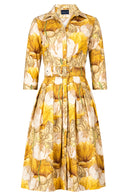 Audrey Dress #1 Shirt Collar 3/4 Sleeve Long Length Cotton Stretch (Ethereal Botanic)