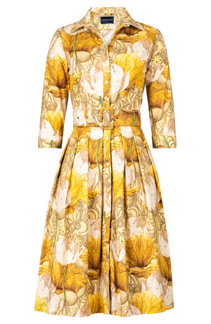 Audrey Dress #1 Shirt Collar 3/4 Sleeve Long Length Cotton Stretch (Ethereal Botanic)