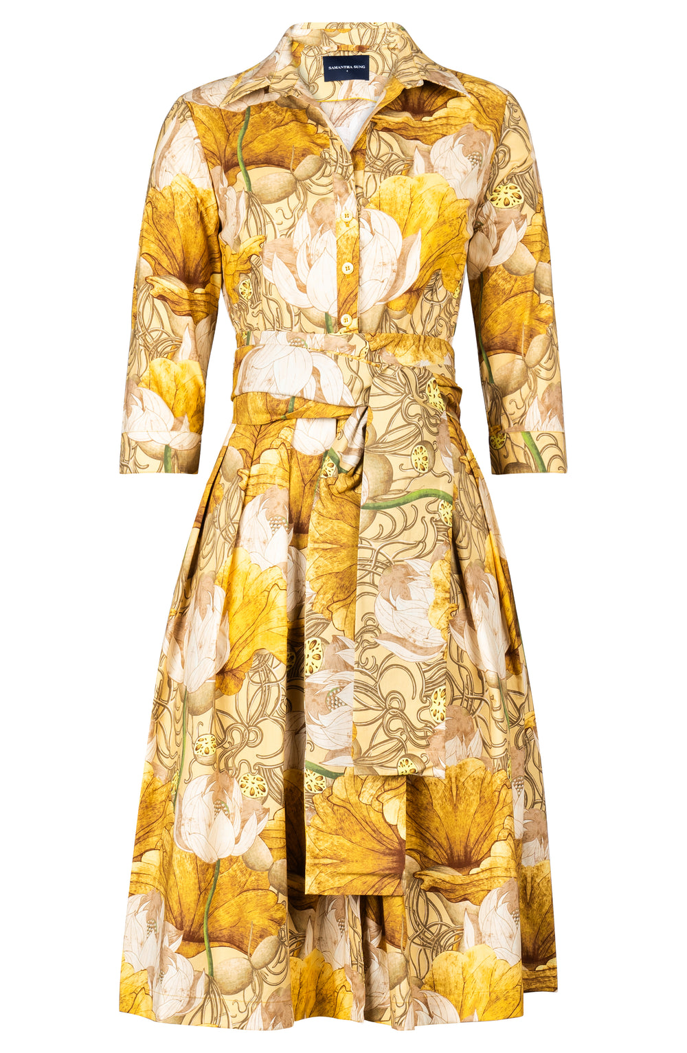 Audrey Dress #1 Shirt Collar 3/4 Sleeve Long Length Cotton Stretch (Ethereal Botanic)