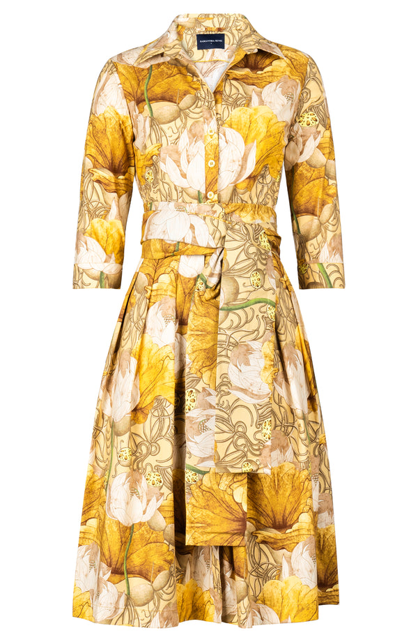 Audrey Dress #1 Shirt Collar 3/4 Sleeve Long Length Cotton Stretch (Ethereal Botanic)