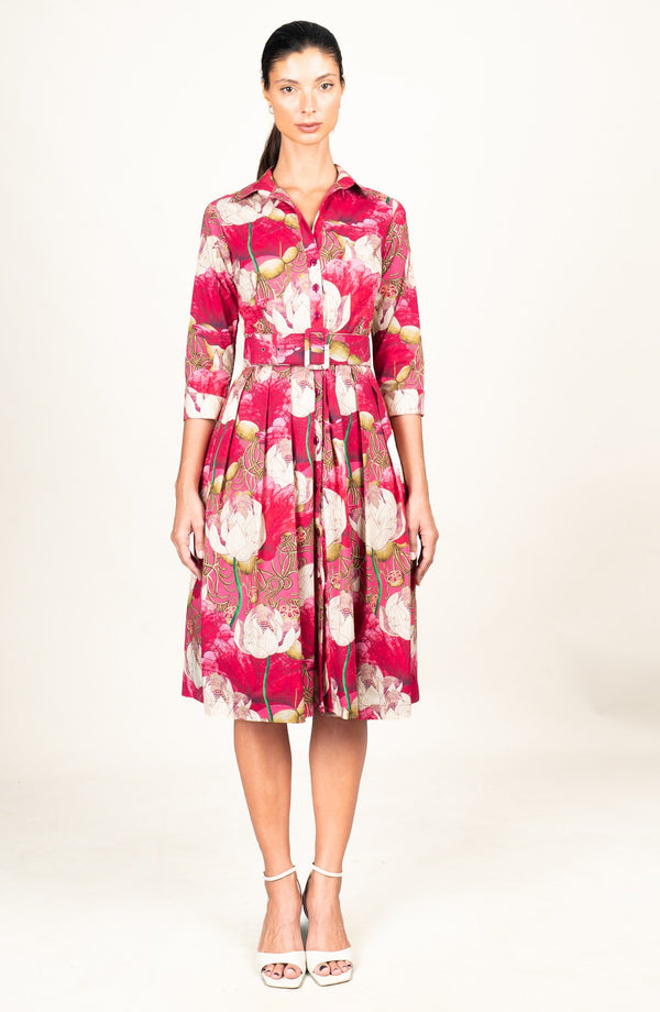 Audrey Dress #1 Shirt Collar 3/4 Sleeve Long Length Cotton Stretch (Ethereal Botanic)