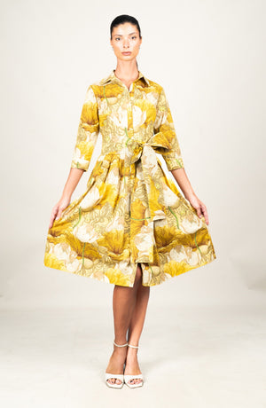 Audrey Dress #1 Shirt Collar 3/4 Sleeve Long Length Cotton Stretch (Ethereal Botanic)