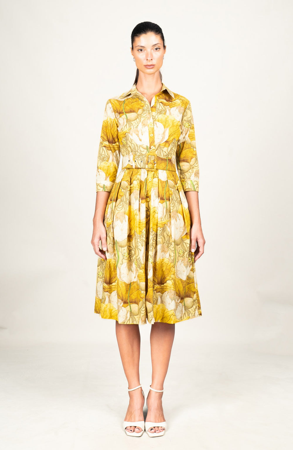 Audrey Dress #1 Shirt Collar 3/4 Sleeve Long Length Cotton Stretch (Ethereal Botanic)