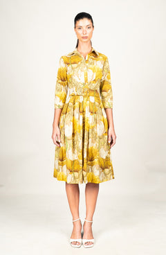 Audrey Dress #1 Shirt Collar 3/4 Sleeve Long Length Cotton Stretch (Ethereal Botanic)