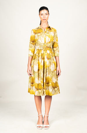 Audrey Dress #1 Shirt Collar 3/4 Sleeve Long Length Cotton Stretch (Ethereal Botanic)