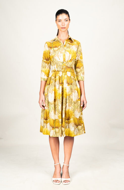 Audrey Dress #1 Shirt Collar 3/4 Sleeve Long Length Cotton Stretch (Ethereal Botanic)