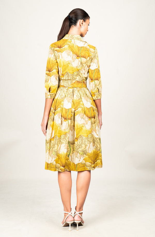 Audrey Dress #1 Shirt Collar 3/4 Sleeve Long Length Cotton Stretch (Ethereal Botanic)