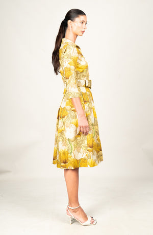 Audrey Dress #1 Shirt Collar 3/4 Sleeve Long Length Cotton Stretch (Ethereal Botanic)
