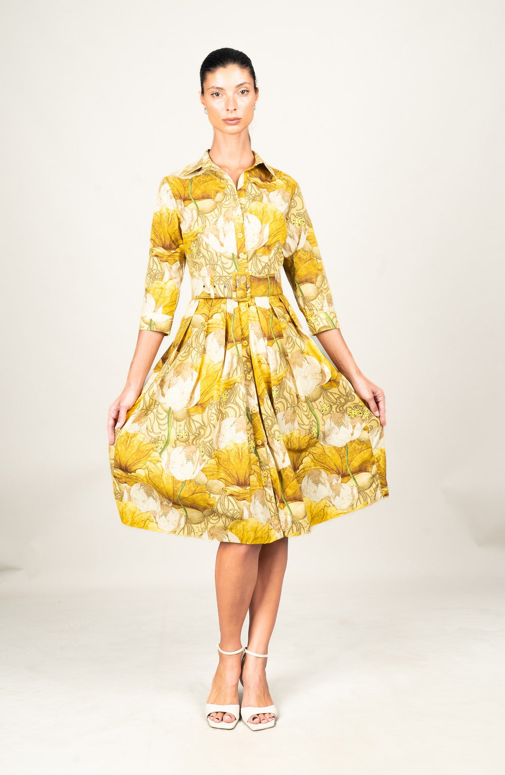Audrey Dress #1 Shirt Collar 3/4 Sleeve Long Length Cotton Stretch (Ethereal Botanic)