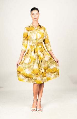 Audrey Dress #1 Shirt Collar 3/4 Sleeve Long Length Cotton Stretch (Ethereal Botanic)