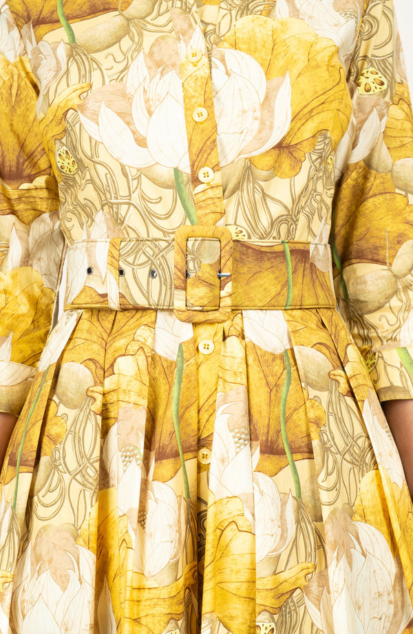 Audrey Dress #1 Shirt Collar 3/4 Sleeve Long Length Cotton Stretch (Ethereal Botanic)