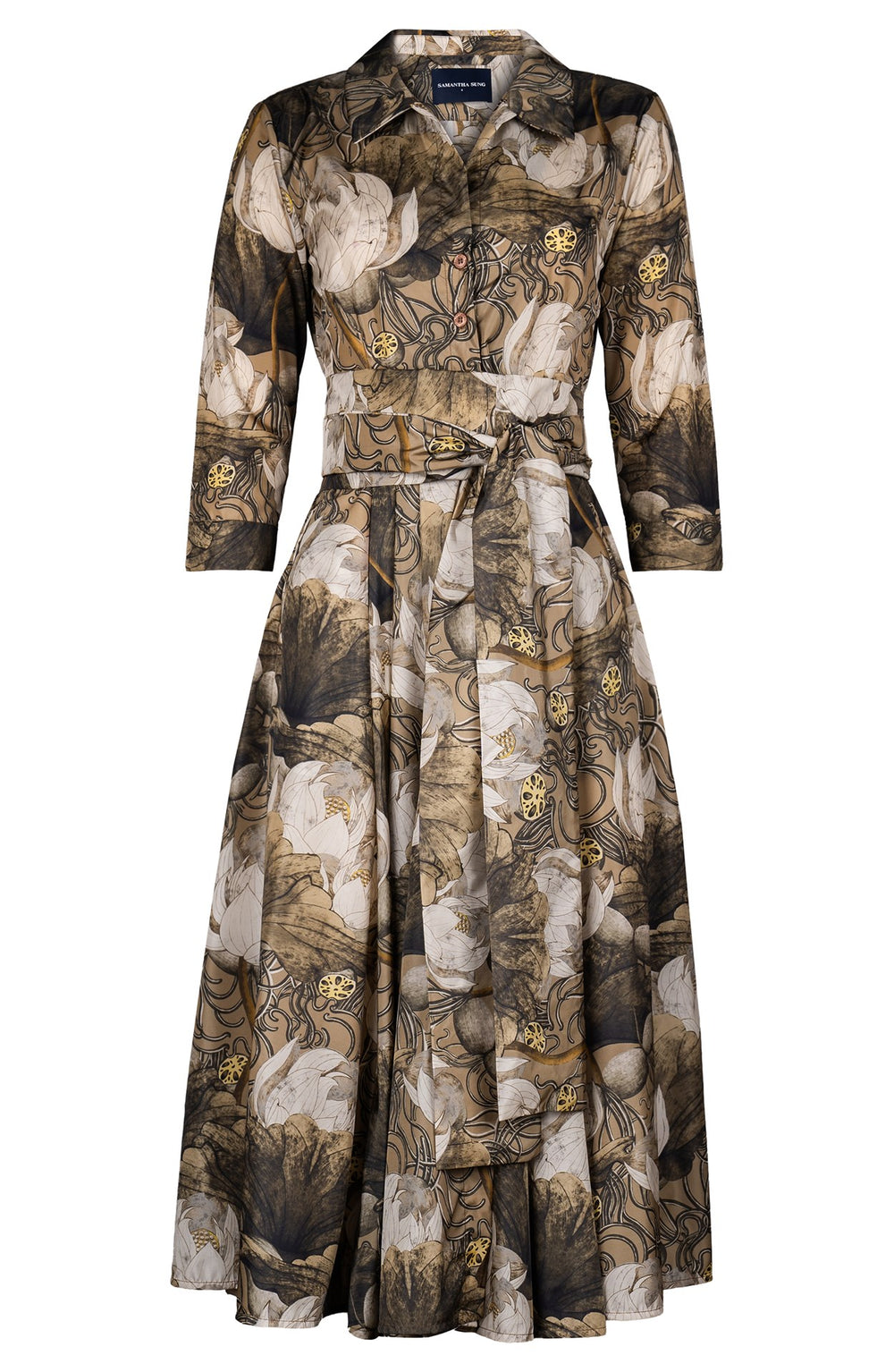 Laurent Dress Shirt Collar 3/4 Sleeve Midi Length Poliamide Taffta (Ethereal Botanic)