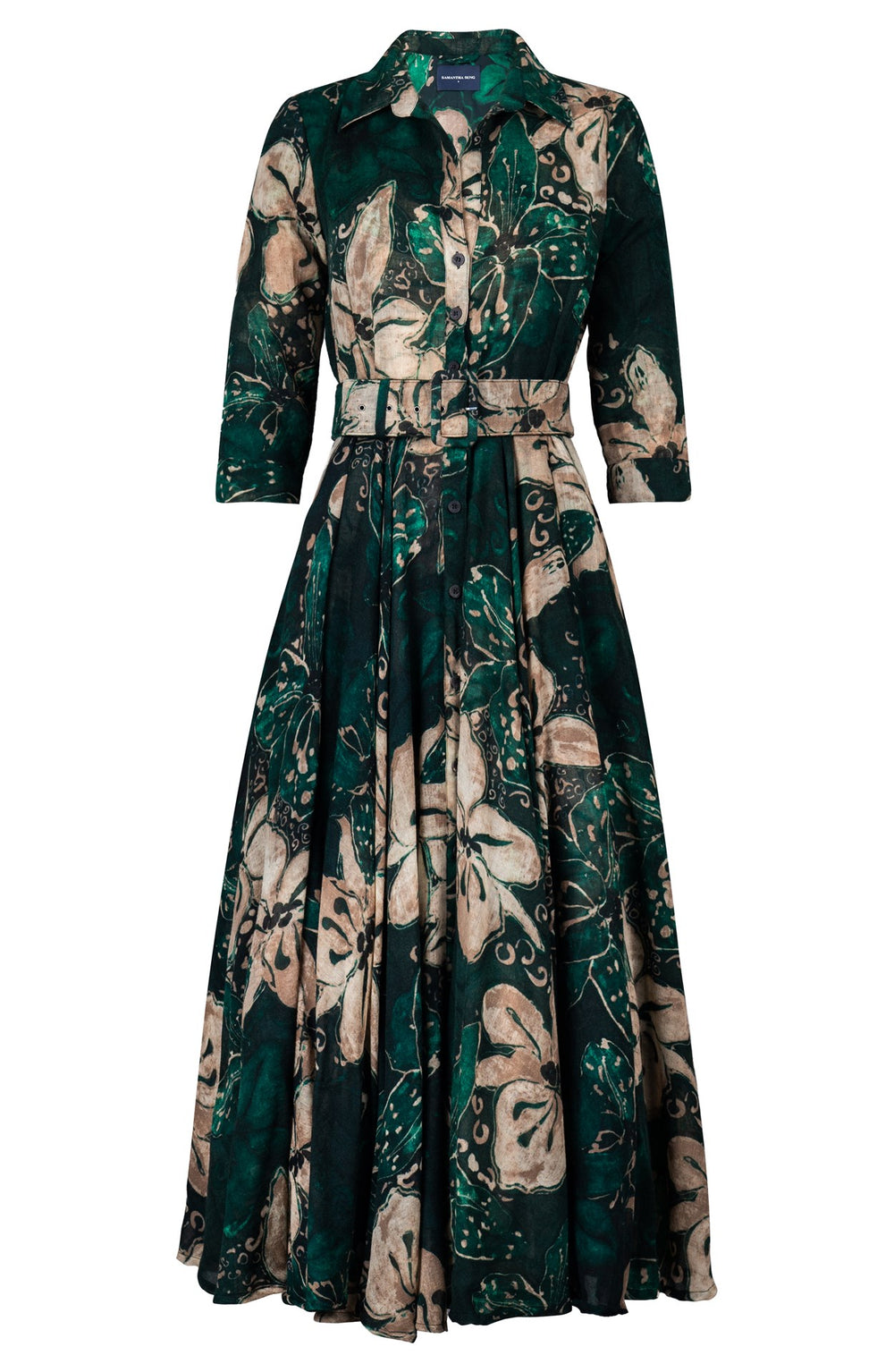 Aster Dress Shirt Collar 3/4 Sleeve Midi Length Wool (Etre Magnolia) - Jade Green