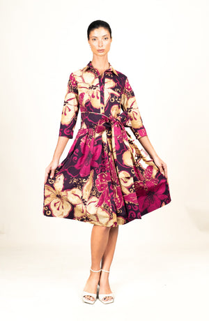 Audrey Dress #1 Shirt Collar 3/4 Sleeve Long Length Cotton Stretch (Etre Magnolia)