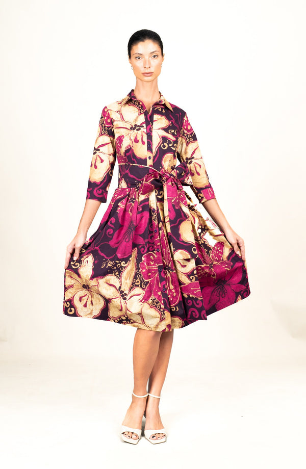 Audrey Dress #1 Shirt Collar 3/4 Sleeve Long Length Cotton Stretch (Etre Magnolia)