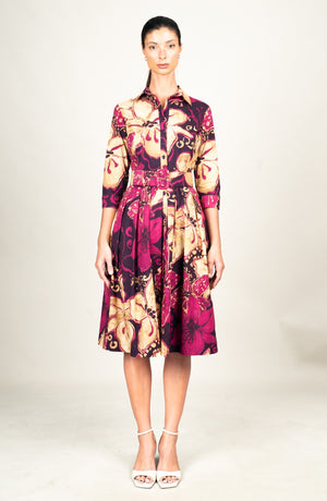 Audrey Dress #1 Shirt Collar 3/4 Sleeve Long Length Cotton Stretch (Etre Magnolia)