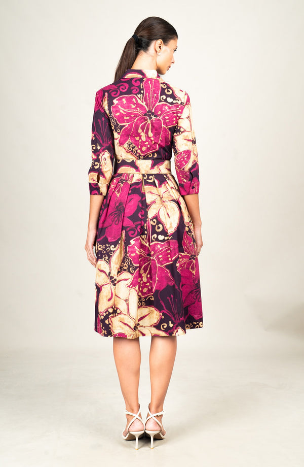 Audrey Dress #1 Shirt Collar 3/4 Sleeve Long Length Cotton Stretch (Etre Magnolia)