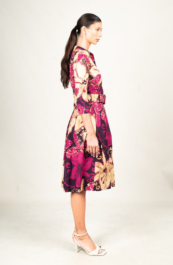 Audrey Dress #1 Shirt Collar 3/4 Sleeve Long Length Cotton Stretch (Etre Magnolia)