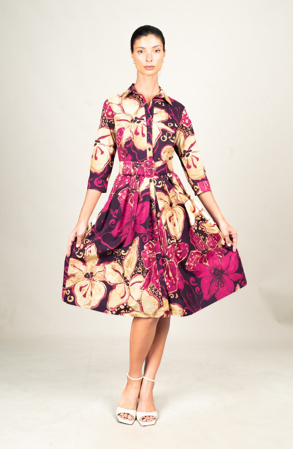 Audrey Dress #1 Shirt Collar 3/4 Sleeve Long Length Cotton Stretch (Etre Magnolia)