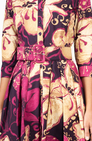 Audrey Dress #1 Shirt Collar 3/4 Sleeve Long Length Cotton Stretch (Etre Magnolia)