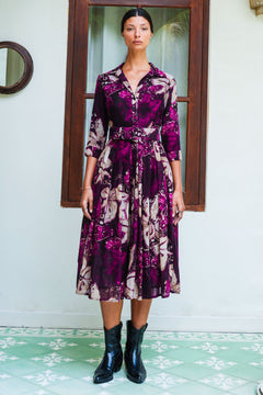 Audrey Dress #4 Shirt Collar 3/4 Sleeve Midi Length Wool (Etre Magnolia) - Plum Pink