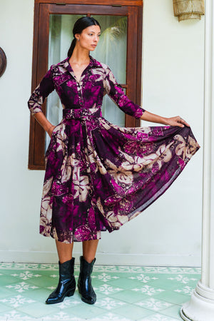 Audrey Dress #4 Shirt Collar 3/4 Sleeve Midi Length Wool (Etre Magnolia) - Plum Pink