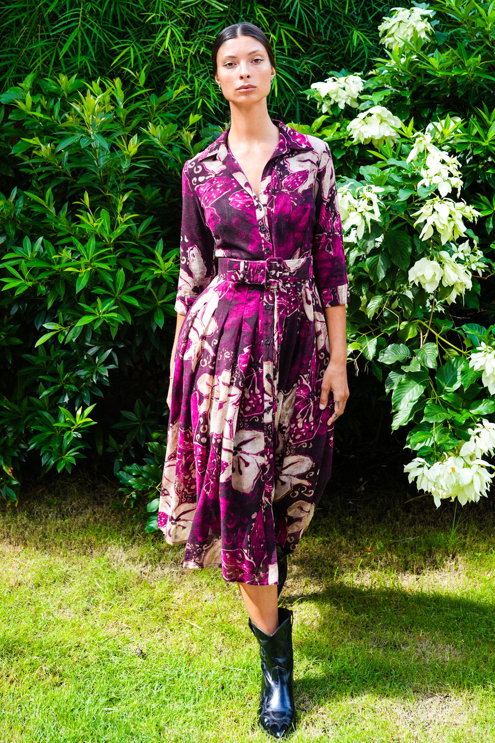 Audrey Dress #4 Shirt Collar 3/4 Sleeve Midi Length Wool (Etre Magnolia) - Plum Pink