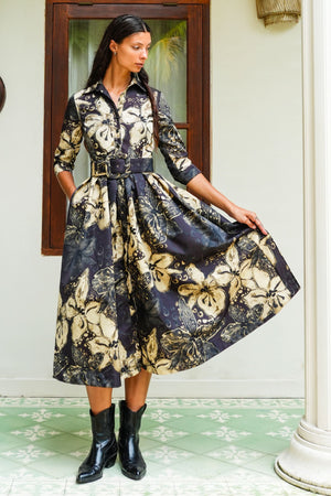 Audrey Dress #1 Shirt Collar 3/4 Sleeve Midi Plus Length Poliamide Taffta (Etre Magnolia)