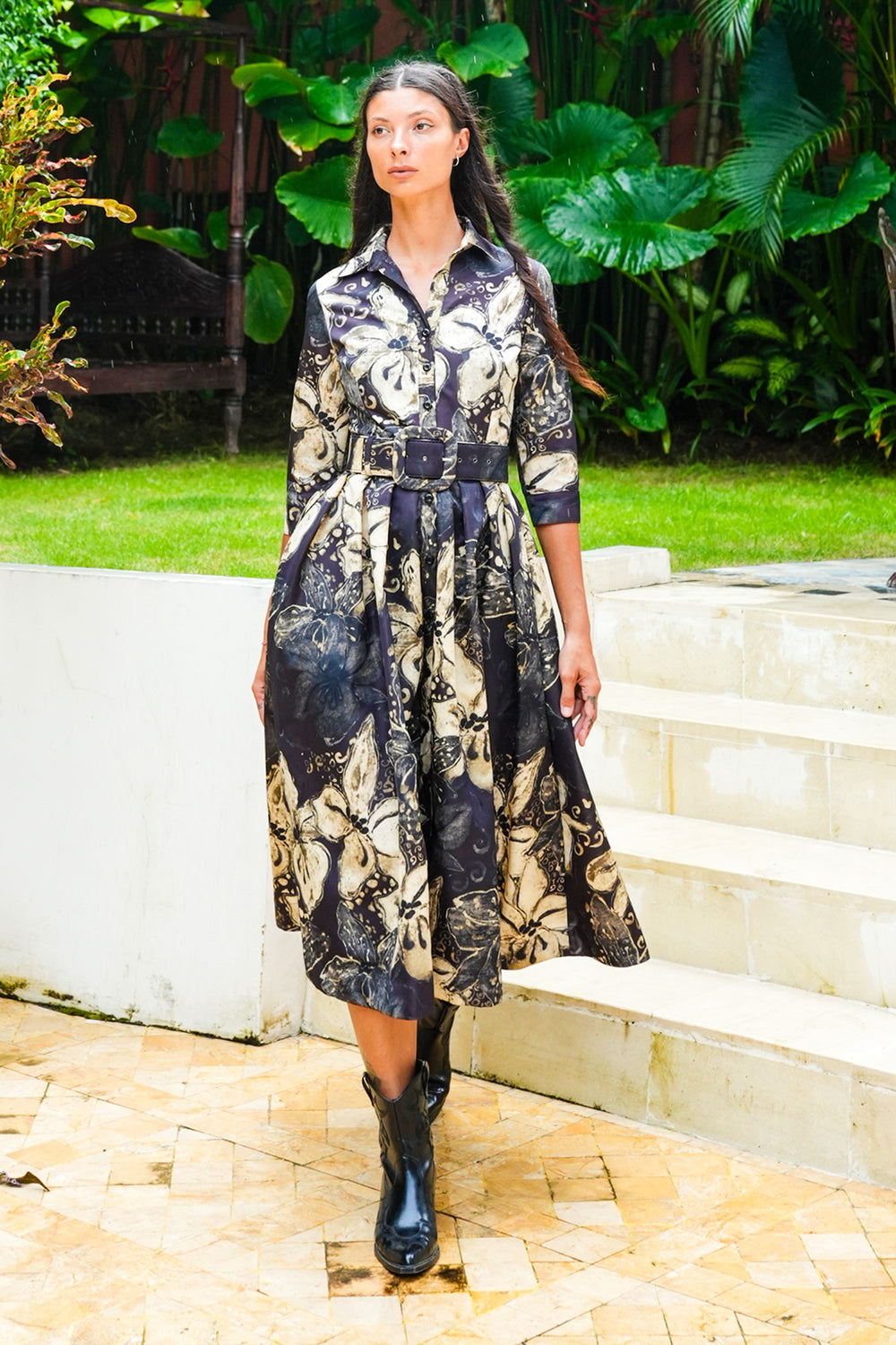 Audrey Dress #1 Shirt Collar 3/4 Sleeve Midi Plus Length Poliamide Taffta (Etre Magnolia)