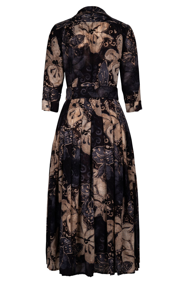 Audrey Dress #4 Shirt Collar 3/4 Sleeve Midi Plus Length Wool (Etre Magnolia) - Sepia Grey