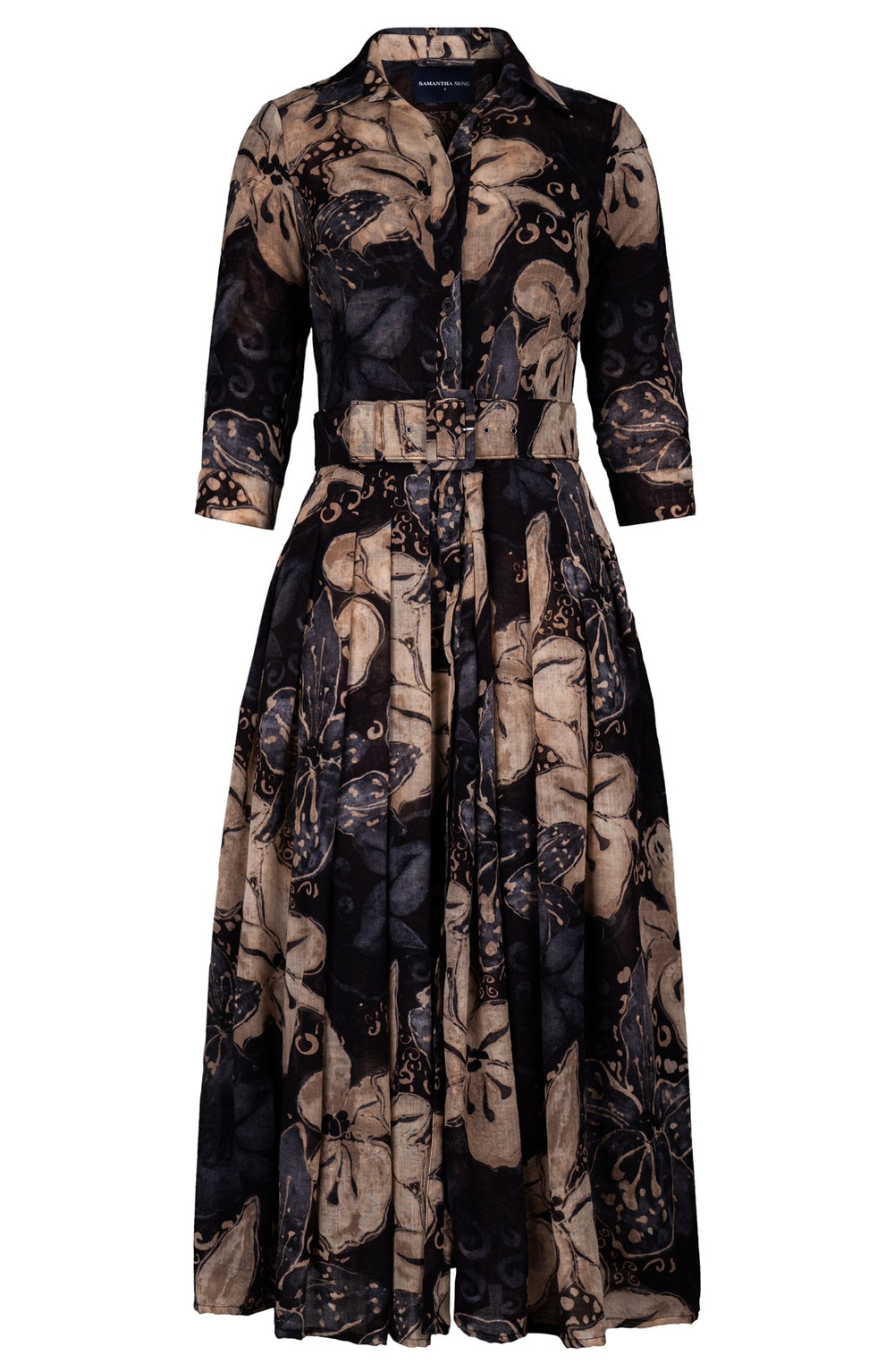Audrey Dress #4 Shirt Collar 3/4 Sleeve Midi Plus Length Wool (Etre Magnolia) - Sepia Grey