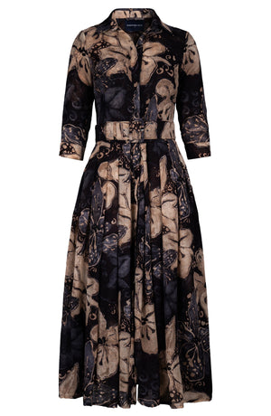 Audrey Dress #4 Shirt Collar 3/4 Sleeve Midi Plus Length Wool (Etre Magnolia) - Sepia Grey