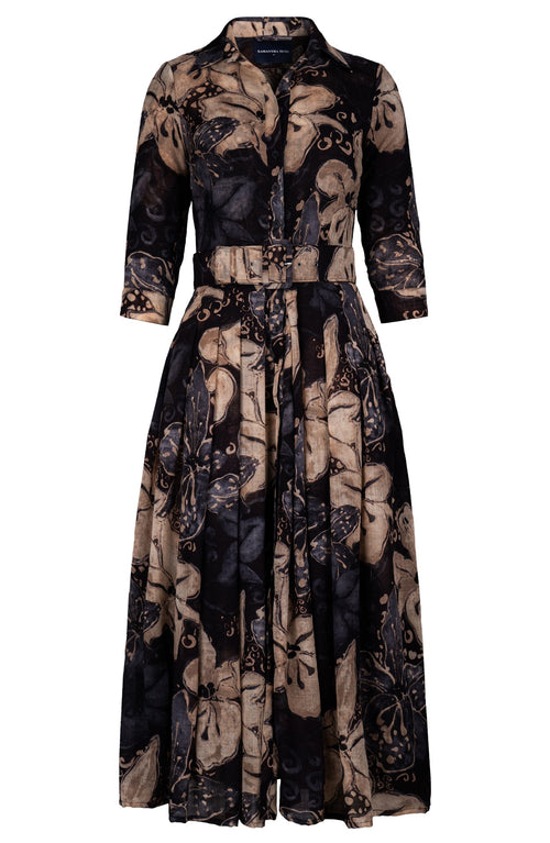 Audrey Dress #4 Shirt Collar 3/4 Sleeve Midi Plus Length Wool (Etre Magnolia) - Sepia Grey