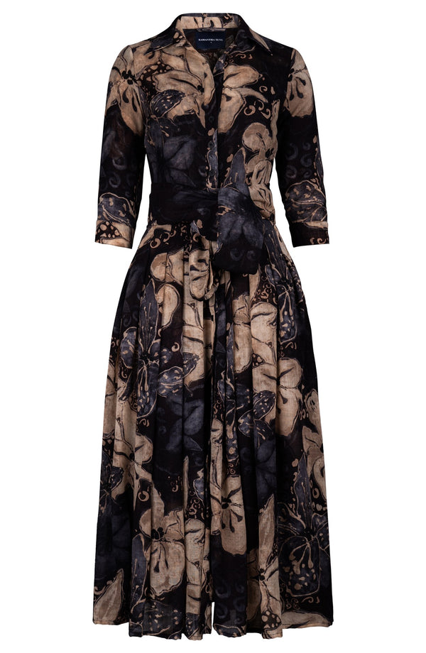 Audrey Dress #4 Shirt Collar 3/4 Sleeve Midi Plus Length Wool (Etre Magnolia) - Sepia Grey