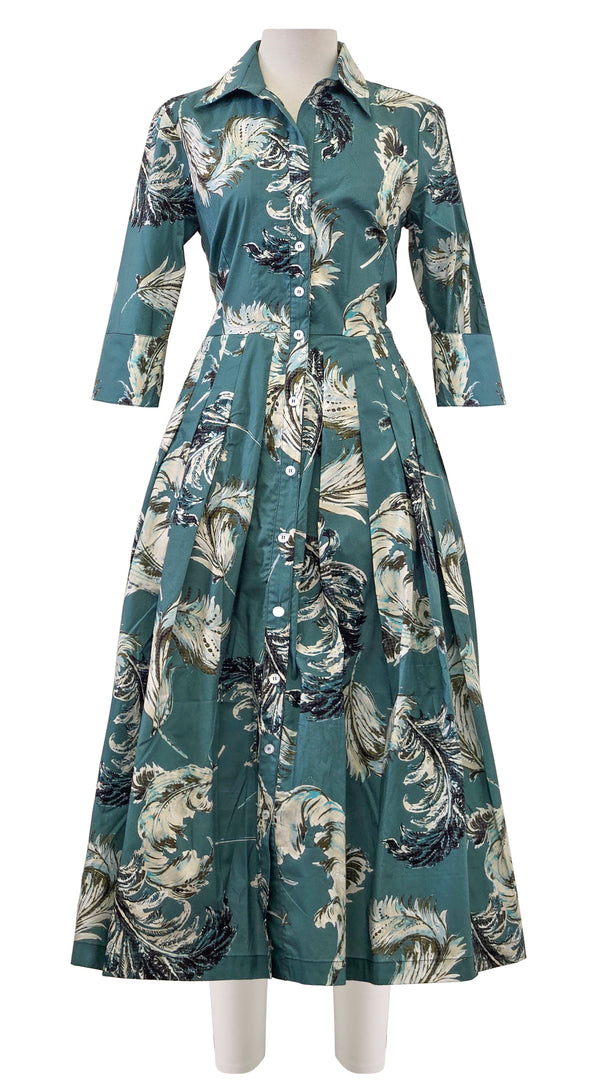 Audrey Dress #2 Shirt Collar 3/4 Sleeve Midi Length Poplin Stretch (Feather Lightness Dark)