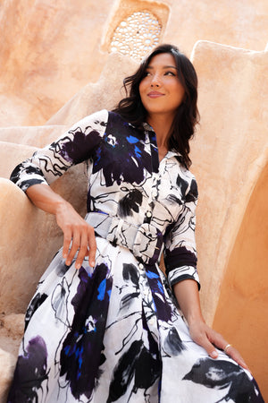 Aster Dress Shirt Collar 3/4 Sleeve Midi Length Ramie (Fiori D'este Small)