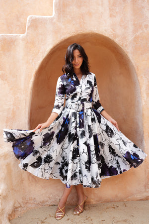 Aster Dress Shirt Collar 3/4 Sleeve Midi Length Ramie (Fiori D'este Small)