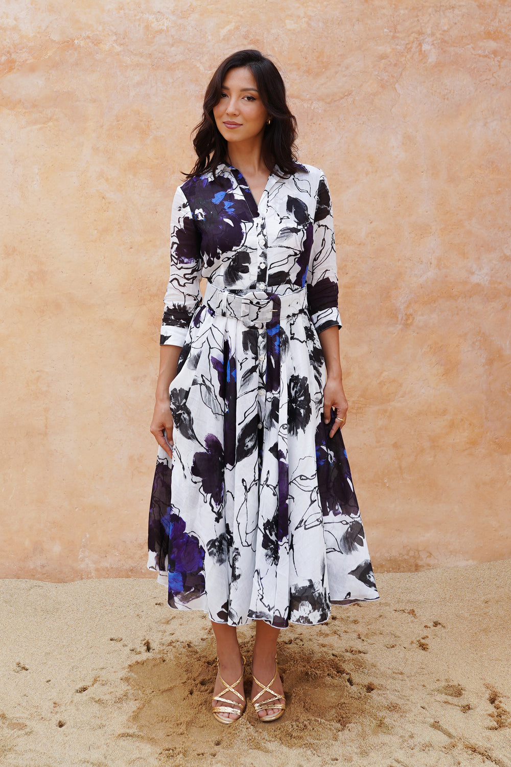 Aster Dress Shirt Collar 3/4 Sleeve Midi Length Cotton Musola (Fiori D'este Small)