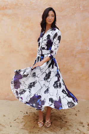 Aster Dress Shirt Collar 3/4 Sleeve Midi Length Ramie (Fiori D'este Small)